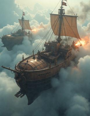 The primary subject of the image is a large wooden ship with a sail, floating in a cloudy sky. The ship appears to be a pirate ship, and it is surrounded by a few smaller boats. The setting is a cloudy sky, and the visual style is a combination of photo and digital art. The colors and mood of the image are dark and dramatic, with the clouds and the wooden ship creating a sense of adventure and mystery.